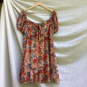 As U Wish Multicolor Floral Mini Dress with ruffles and cap sleeves, size large